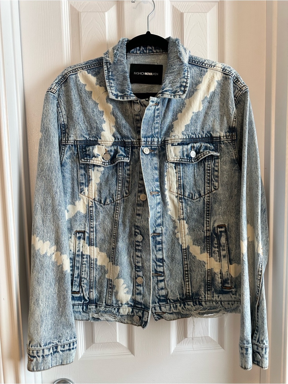 Fashion Nova Light Blue & Cream Bleach-Pattern Denim Jacket